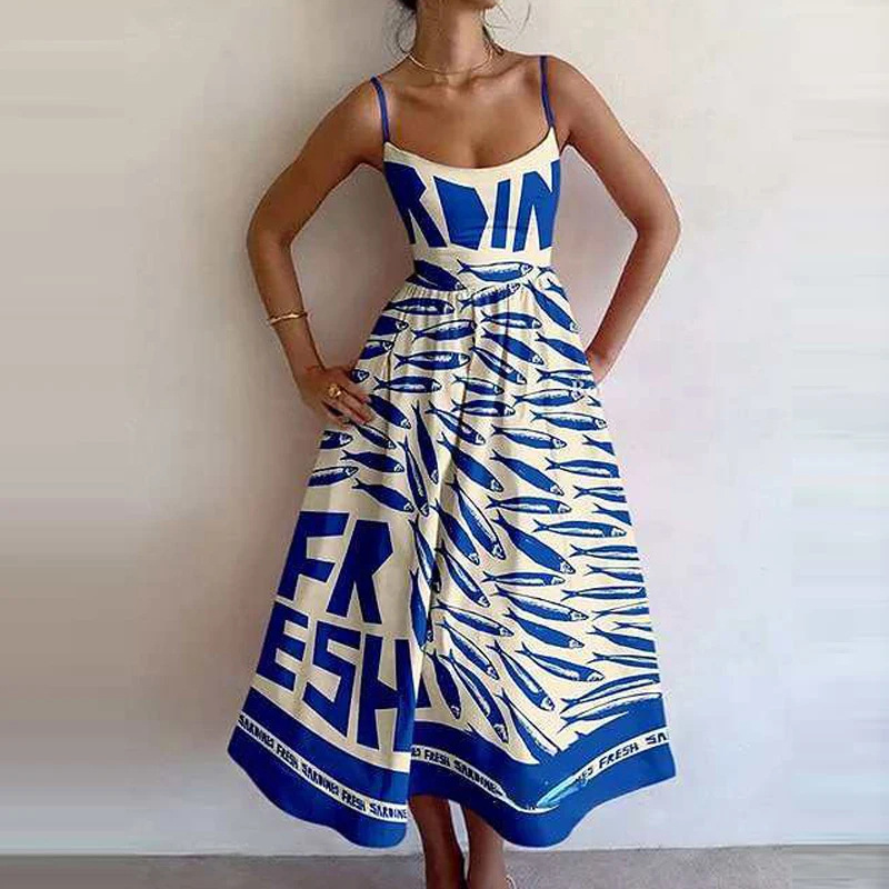 Women's Printed Sleeveless Ruched Waist Long Dress