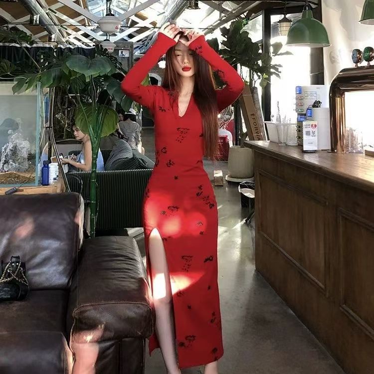 Women's Tropical Vacation Floral Print V-Neck Split Bodycon Long Dress