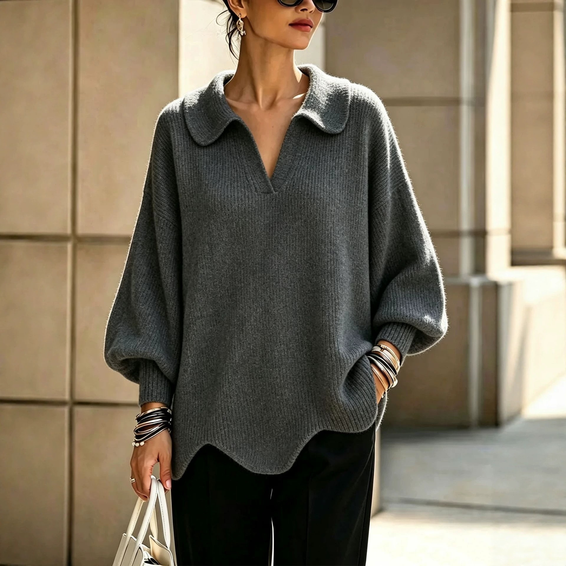 Women's V-Neck Lantern Sleeve Solid Knit Sweater Loose Relaxed Fit