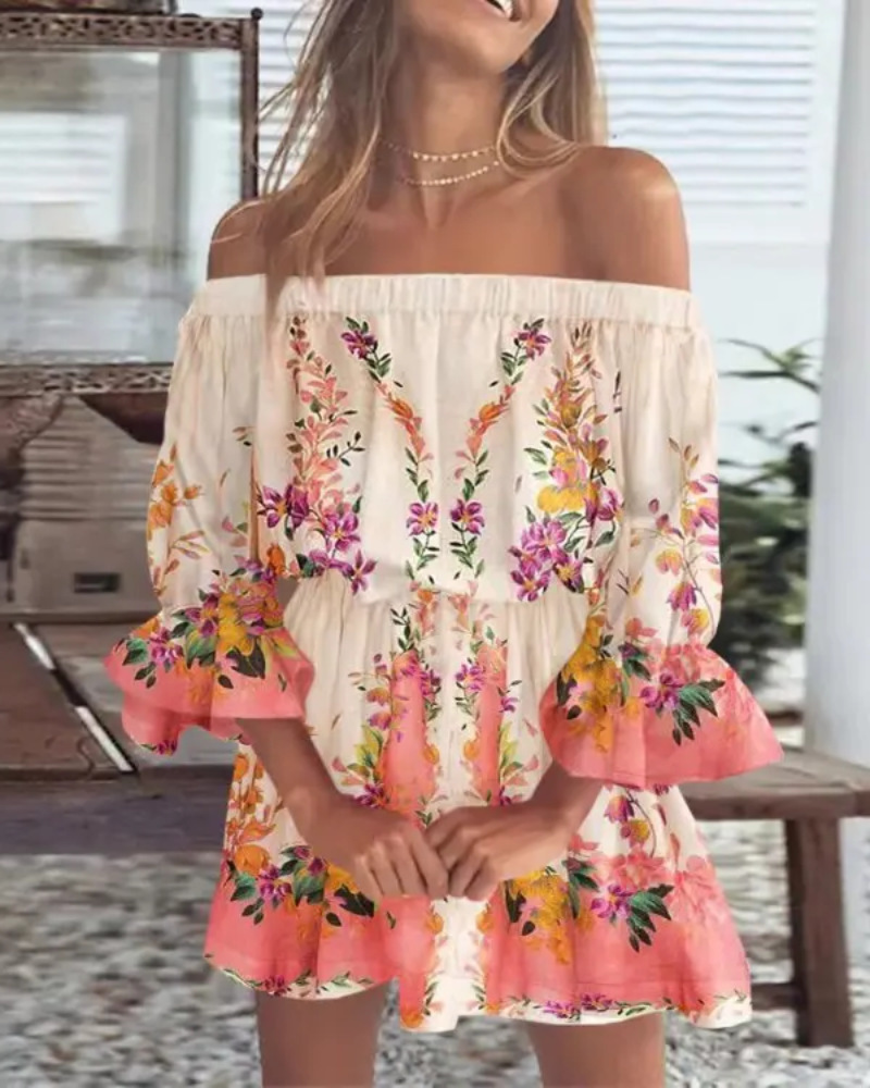 Women's Off-Shoulder Floral Print Dress Short Sleeve A-Line