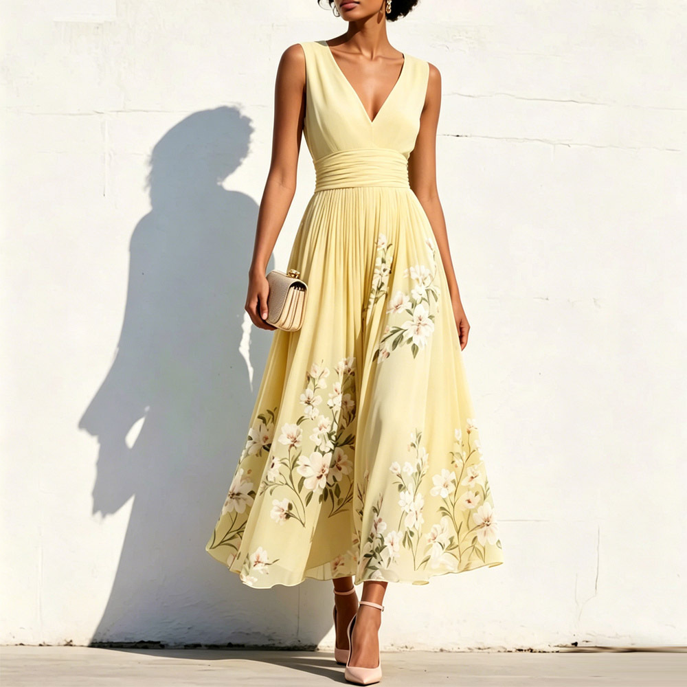 Floral Print Sleeveless V-Neck Pleated A-Line Maxi Dress