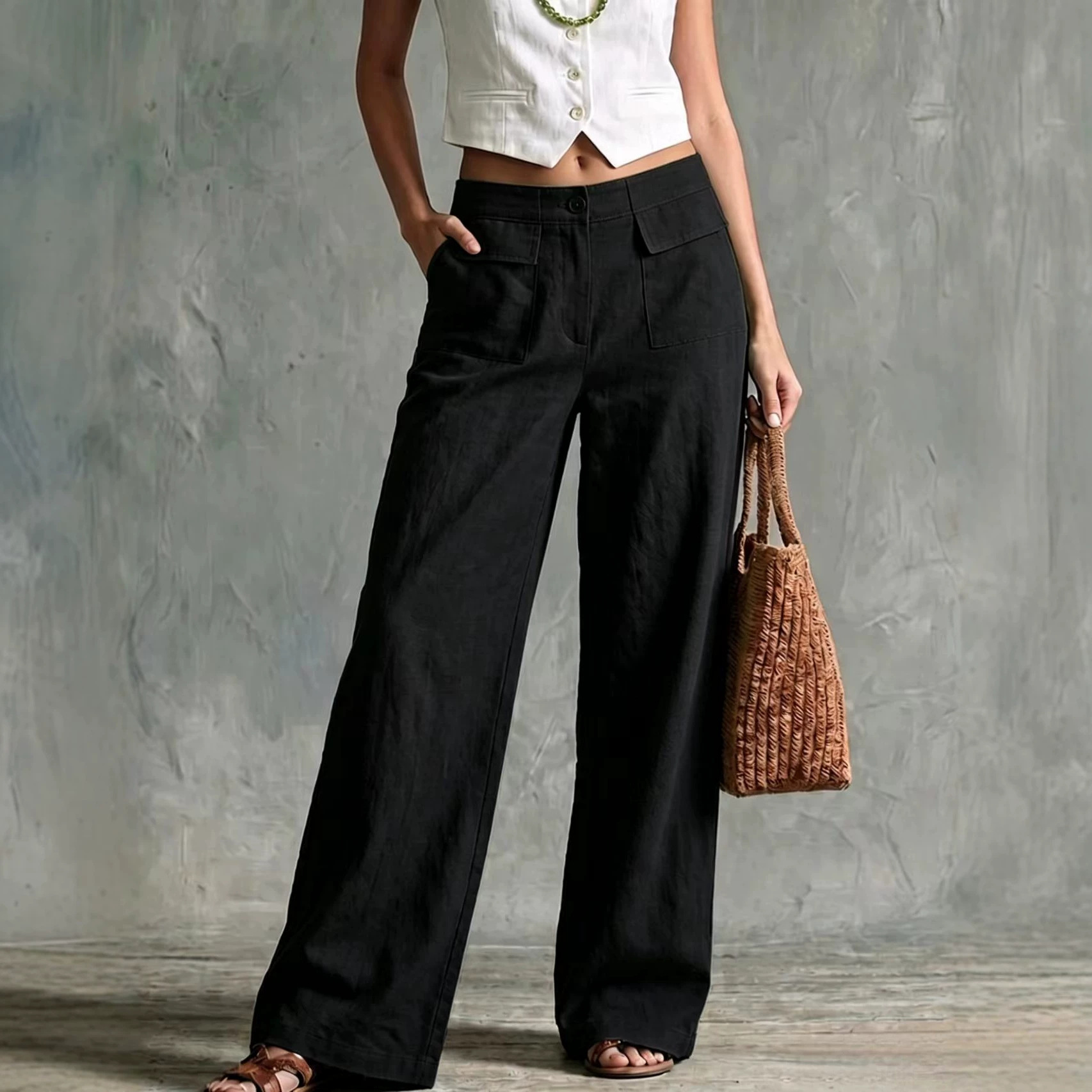 Women's Solid Color Wide-Leg Pants High Waist Elastic Casual Loose Fit