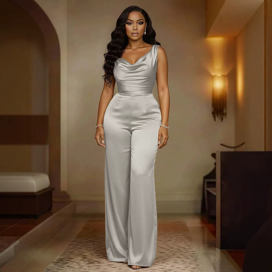 Women's Sleeveless Solid Color Wide-Leg Jumpsuit