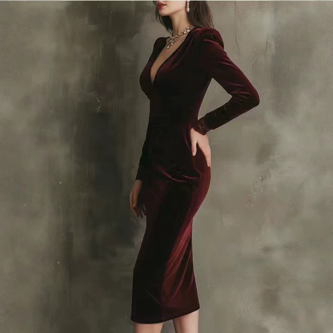 Velvet V-Neck Long Sleeve Bodycon Midi Dress