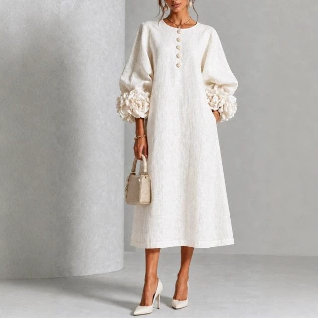 Women's French 3D Floral Lantern Sleeve A-Line Midi Dress
