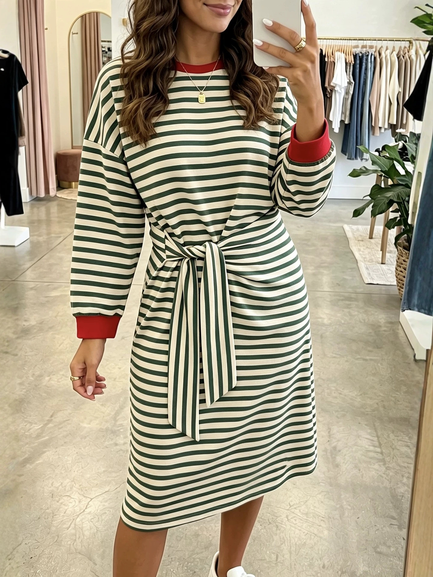 Striped Patchwork Long Sleeve Tie-Waist Loose Casual Dress