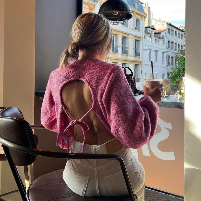 Women's Round Neck Long Sleeve Open Back Tie Knit Loose Sweater Top
