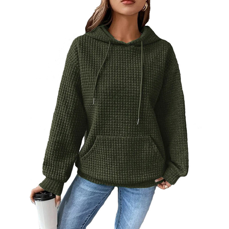 Women's Waffle Knit Hooded Long-Sleeve Pullover Sweatshirt Solid Color
