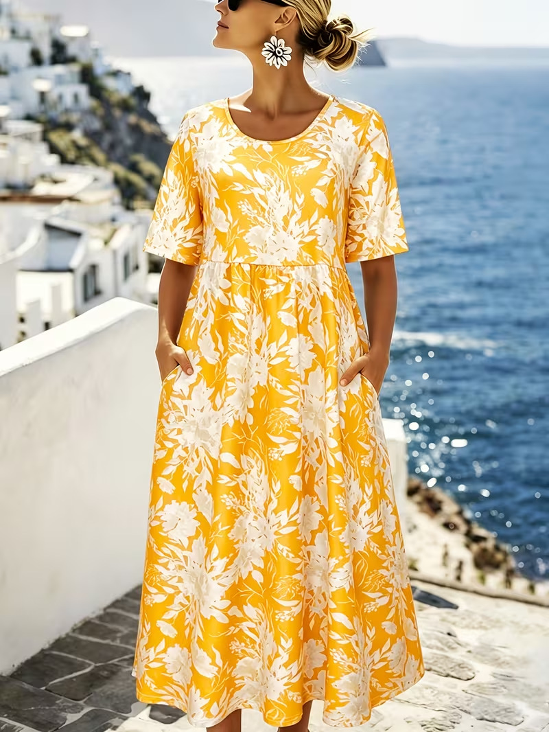 Women's Floral Print Ruched Midi Dress Crew Neck Half Sleeve
