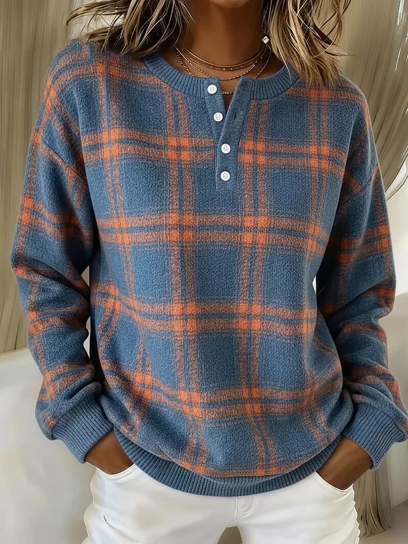 Women's Retro Plaid Line Print Button Sweatshirt