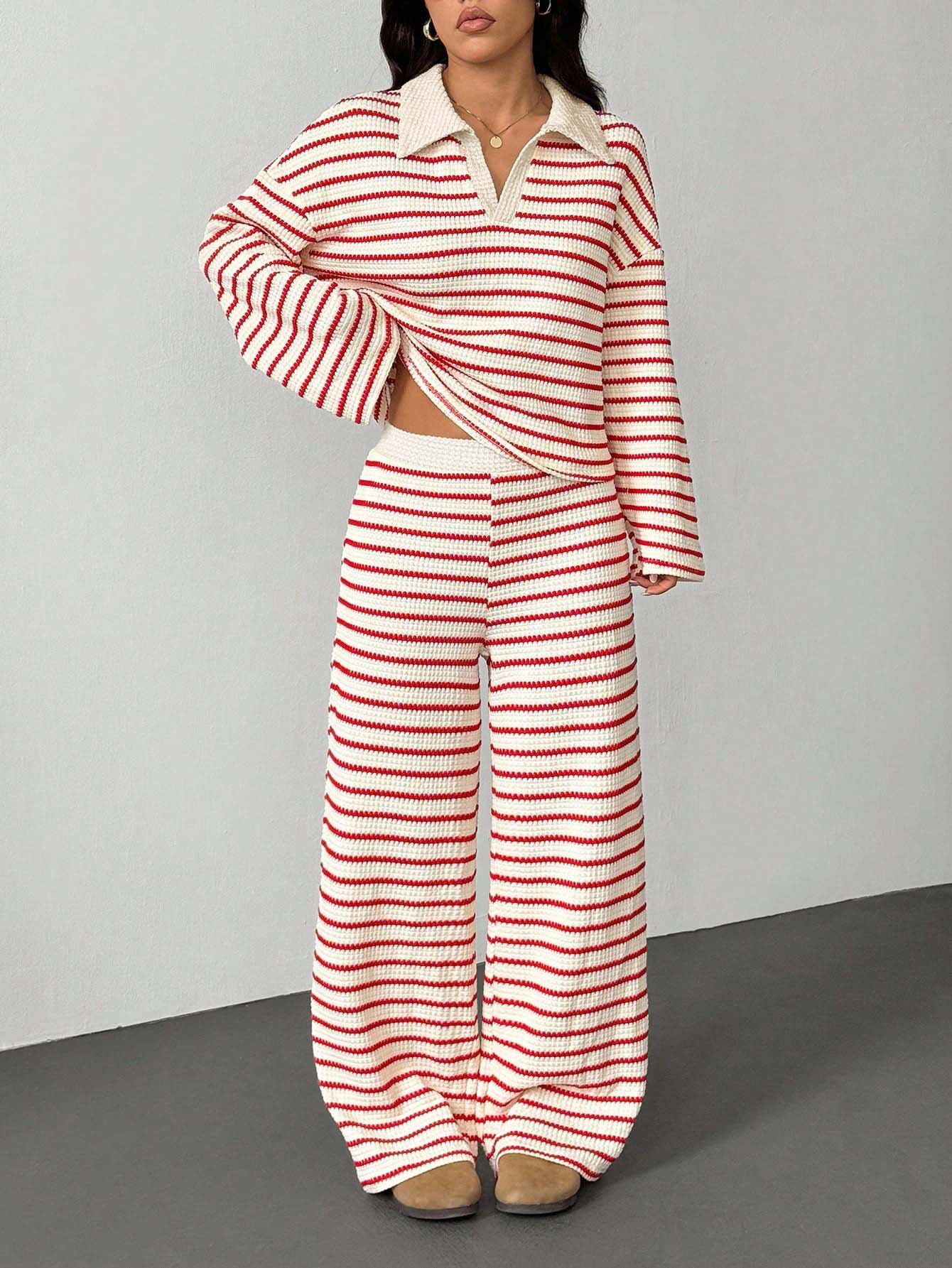Striped Knit Color-Block Collared V-Neck Long-Sleeve Top & Pants Set
