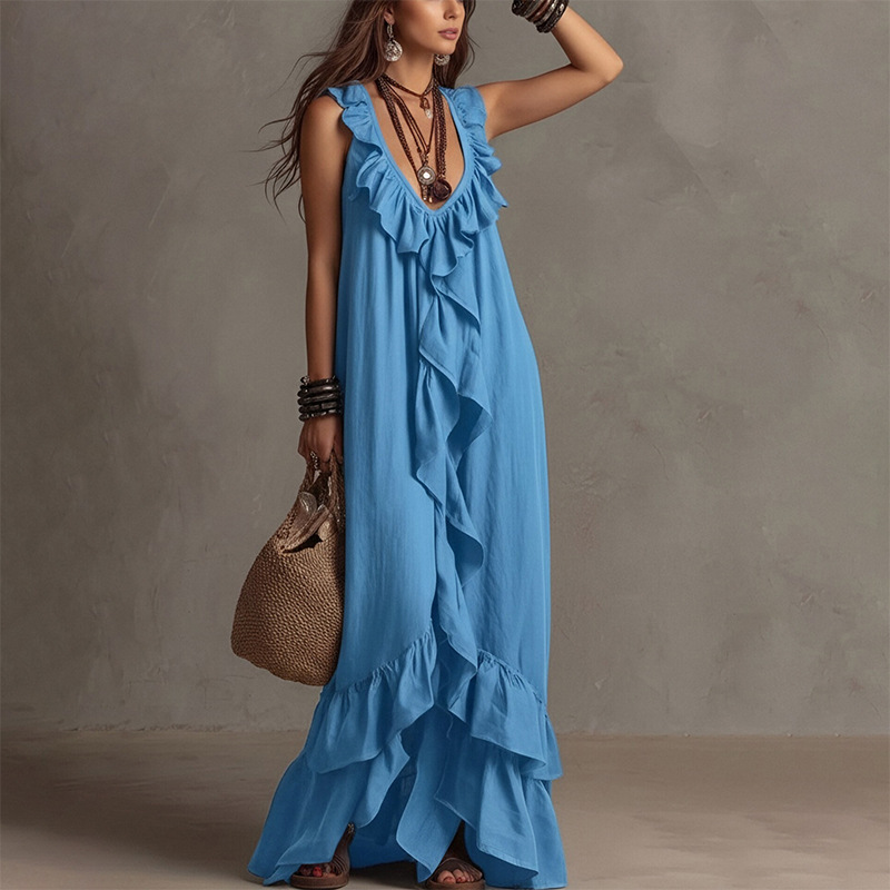 French Vintage Sleeveless Ruffle V-Neck Dress