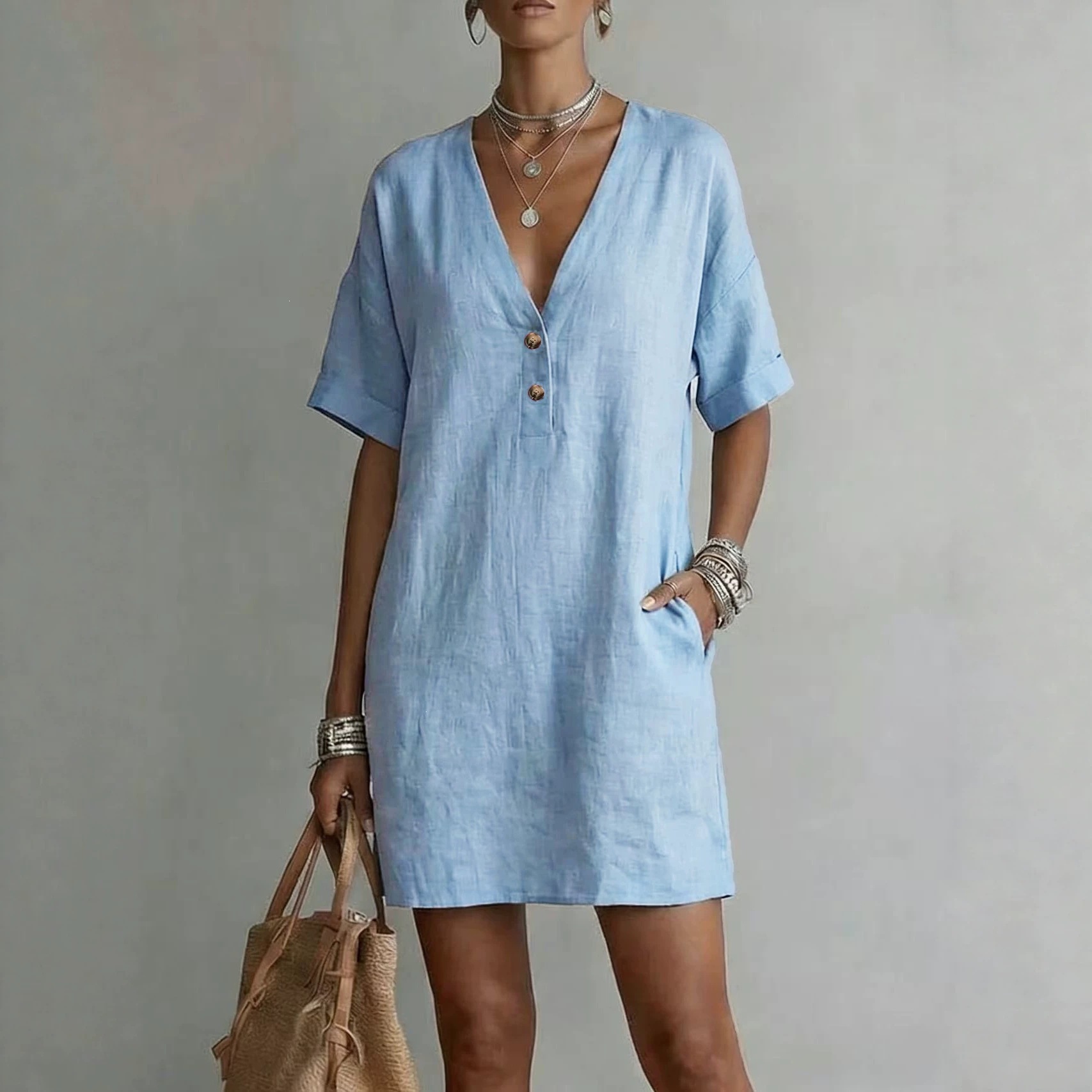 Boho Cotton-Linen Deep V Half-Button Short Sleeve Midi Dress