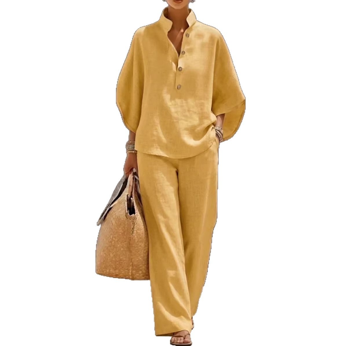 Women's Casual Shirt and Pants Set Solid Color Two-Piece Outfit