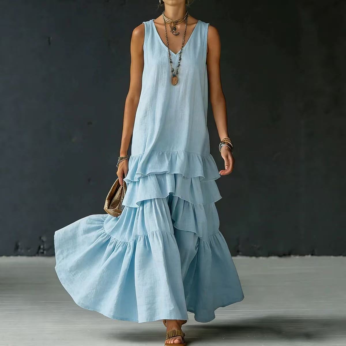 Solid Color Loose Fit Sleeveless Maxi Dress with Full Skirt
