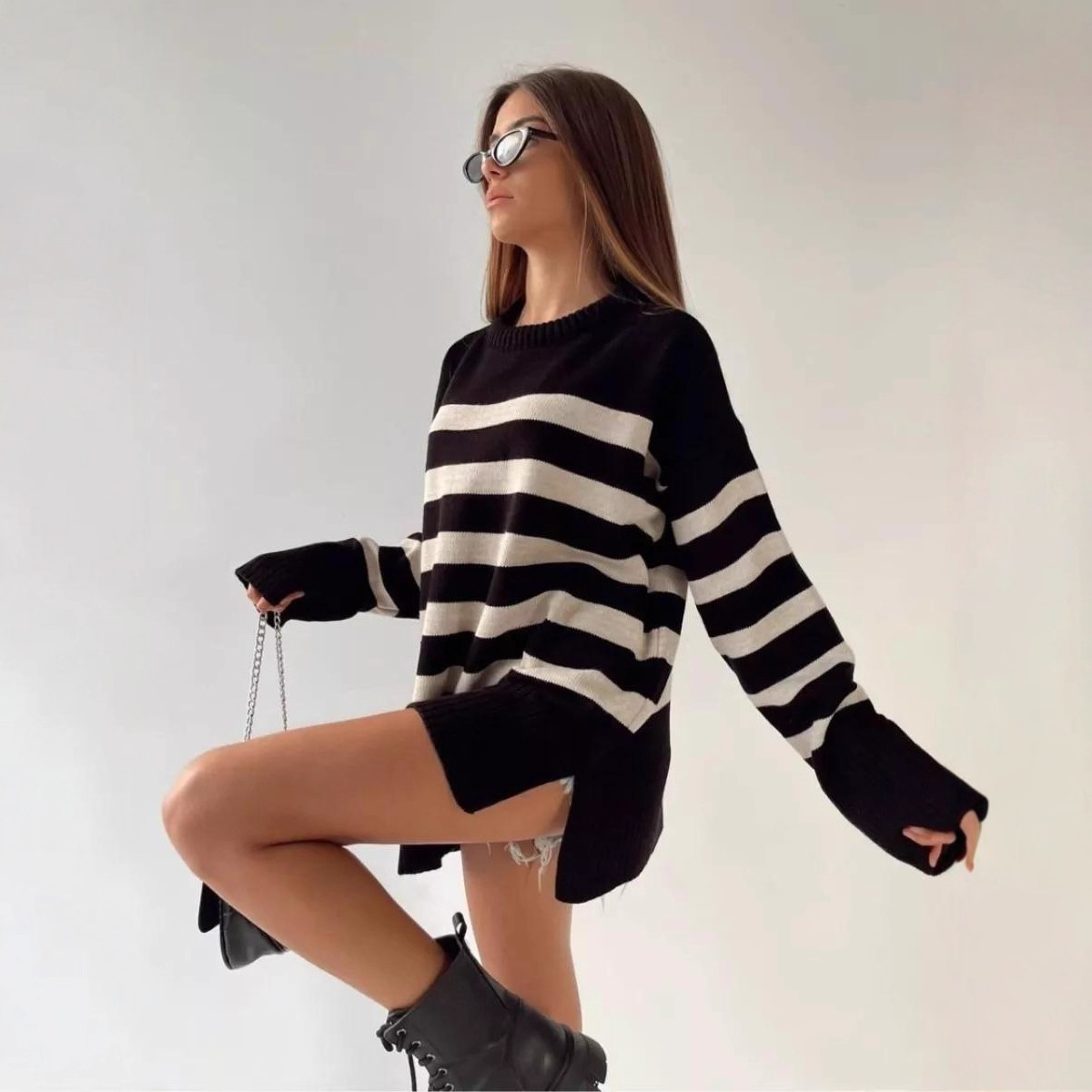 Women's Striped Knit Sweater Crewneck Loose Pullover