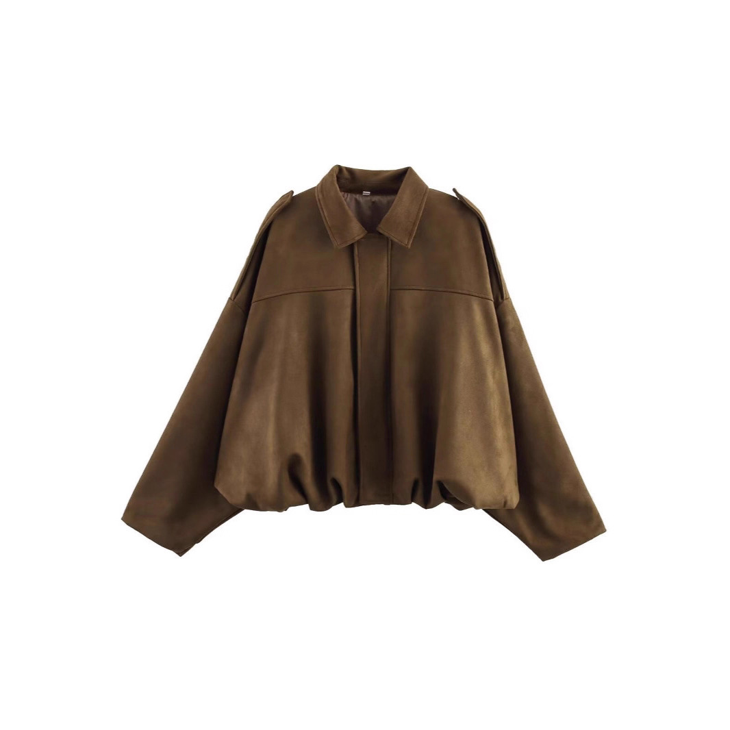 Faux Suede Bomber Jacket with Collar and Zip Button Front