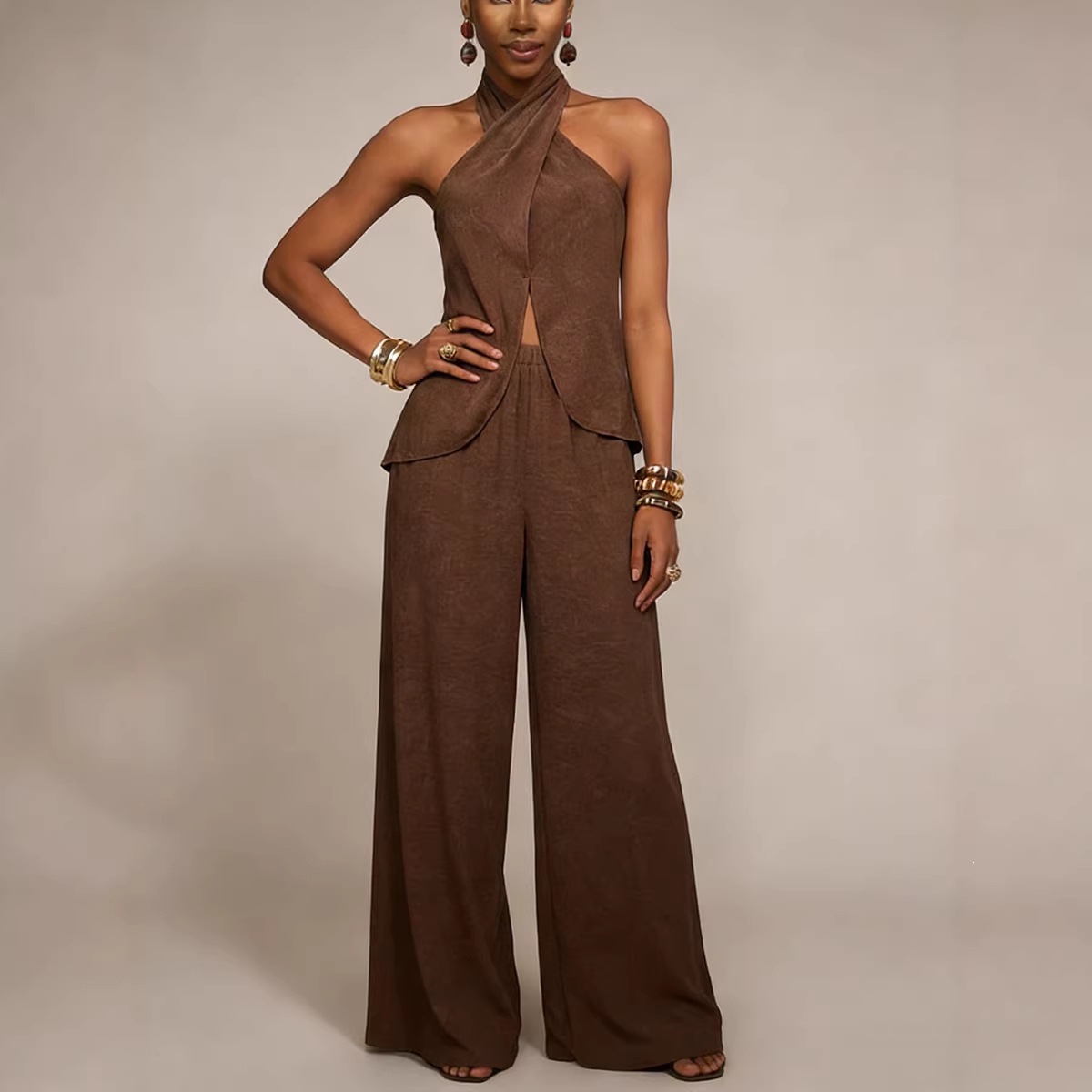 French Khaki Sleeveless Vest and Pants Casual Set