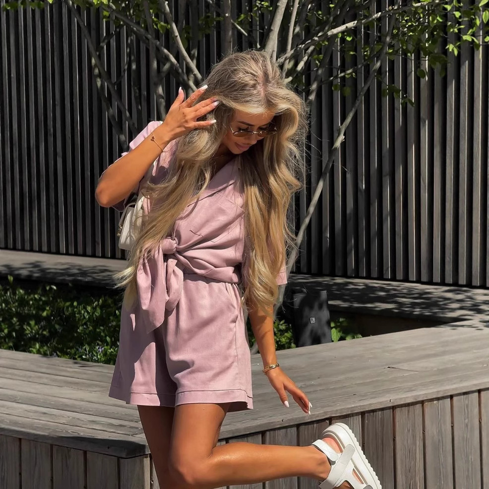 Women's Collared Tie-Front Short Sleeve Shorts Casual Set