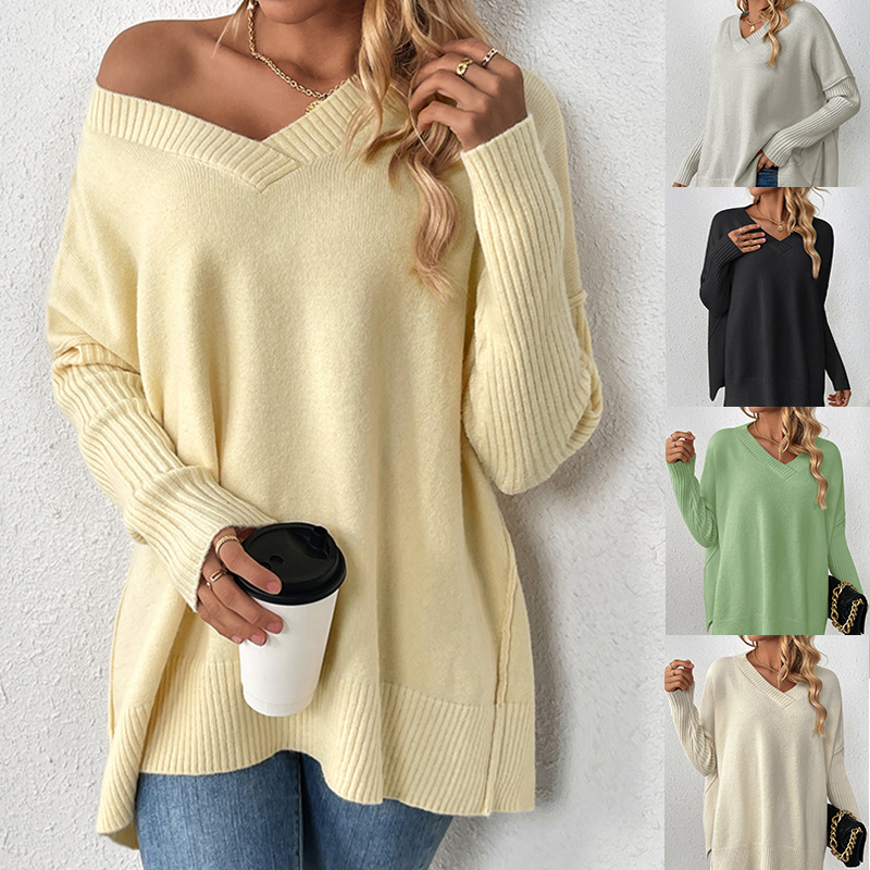 Women's V-Neck Pullover Sweater Lazy Style Patchwork Long Sleeve Knit Top