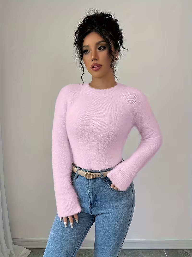 Women's V-Neck Solid Knit Sweater Soft Warm Pullover