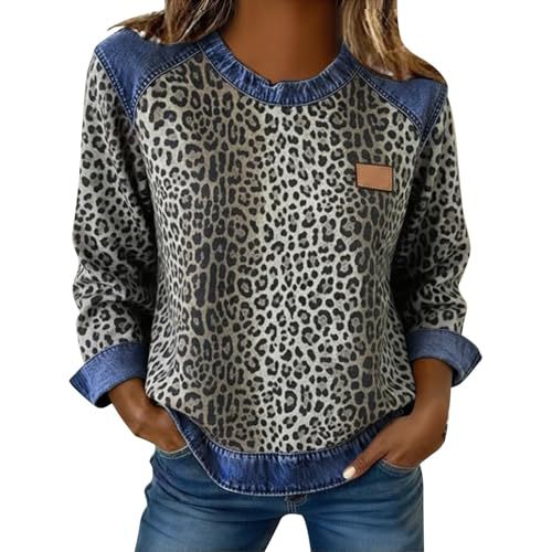 Women's Leopard Print Crewneck Sweatshirt Waffle Knit Long Sleeve