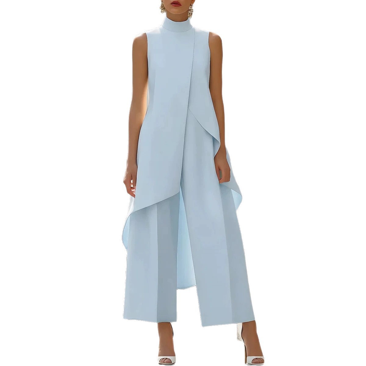 Women's High Neck Sleeveless Layered Wide Leg Jumpsuit Two-Piece Set
