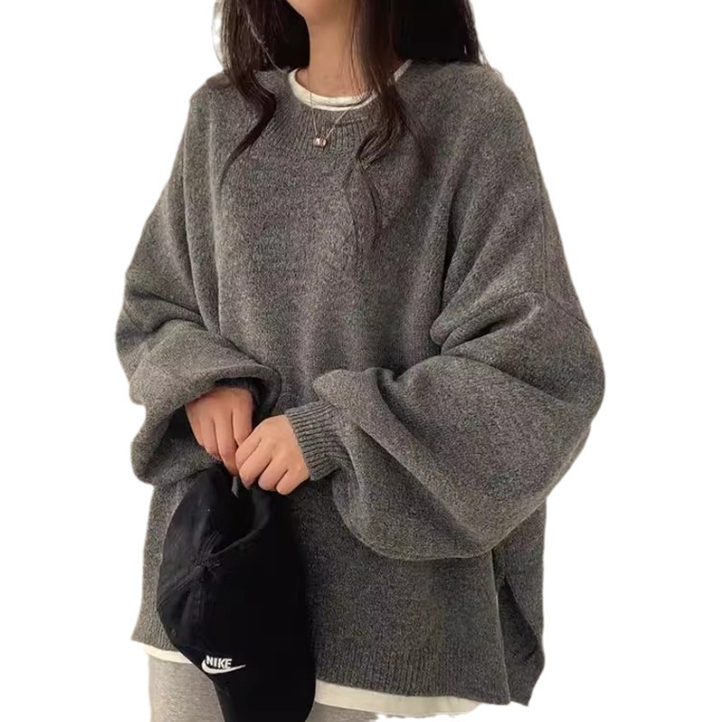 Korean Chic Lazy Style Round Neck Side Slit Loose Knit Sweater