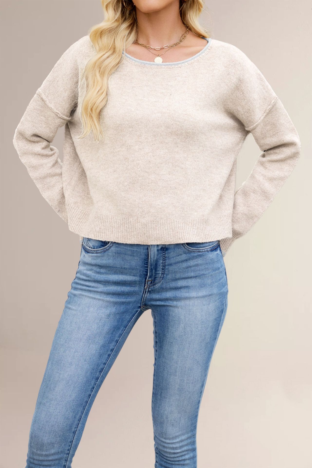 Women's Color-Block Crewneck Knit Sweater Loose Pullover