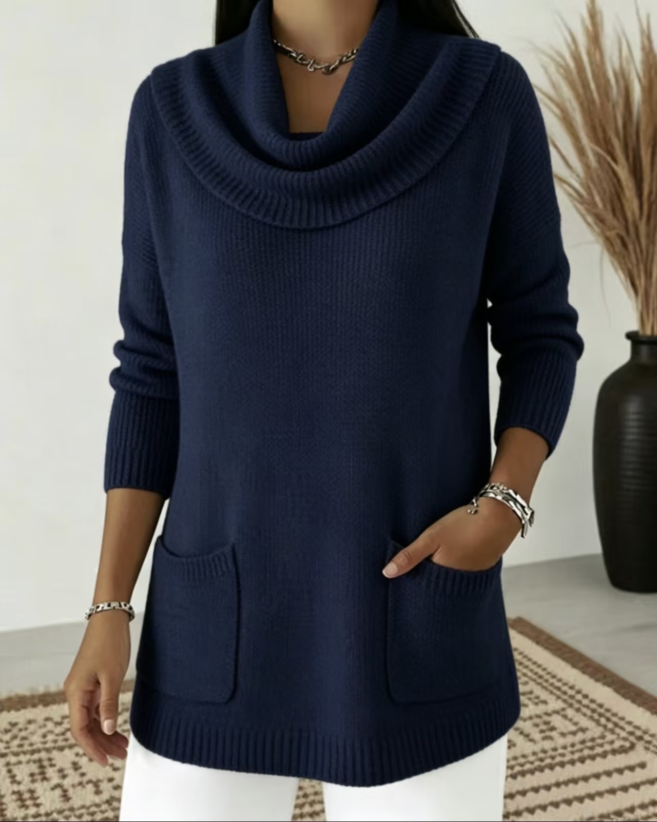 Women's Solid Color Pocket Long Sleeve Sweater