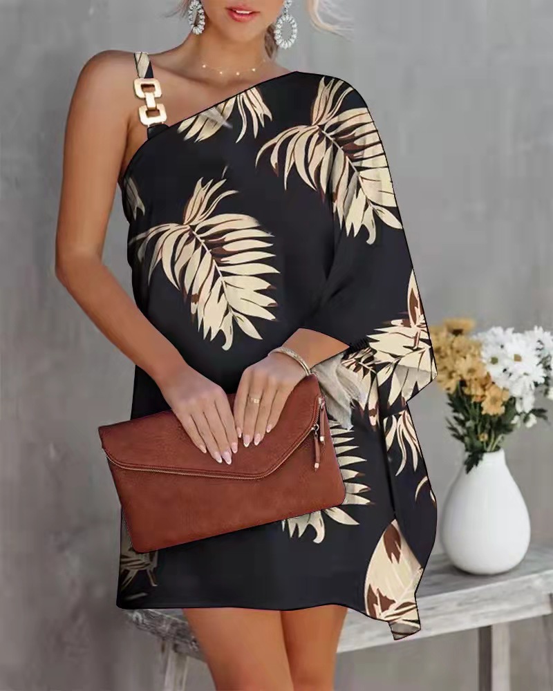 Women's Floral Print One-Shoulder Loose A-Line Dress