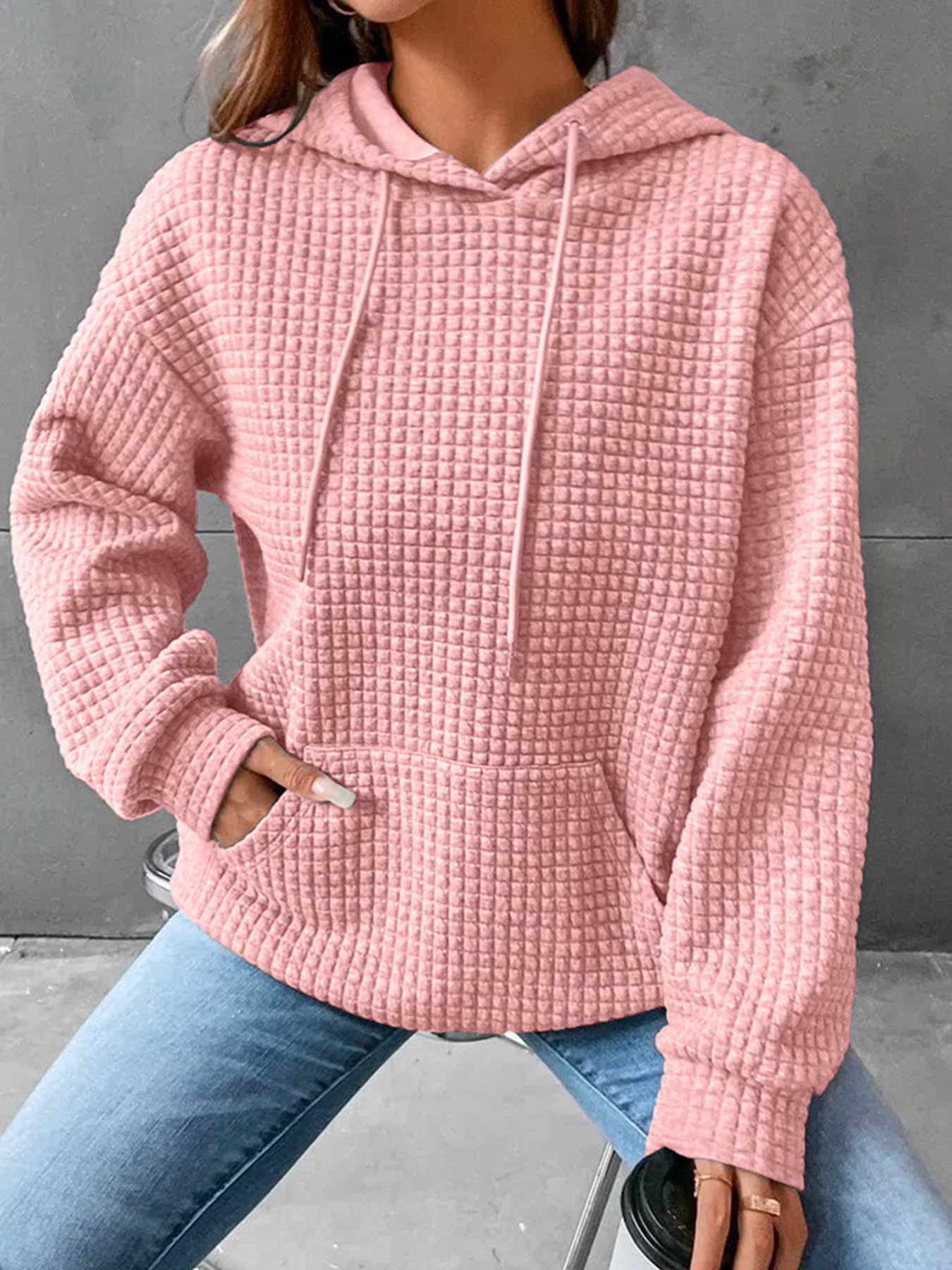 Women's Waffle Knit Hooded Pullover Sweatshirt Solid Color Long Sleeve