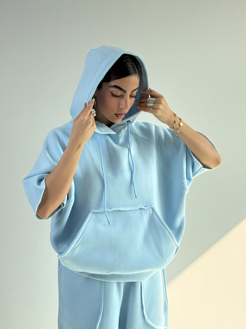 Women's Solid Color Hooded Half-Sleeve Sweatshirt and Pants Set Casual Two-Piece Outfit