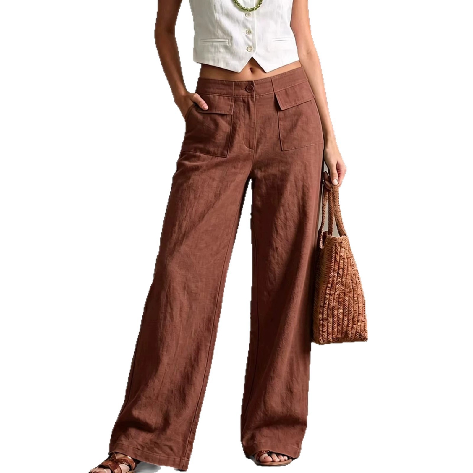 Women's Linen-Blend Wide-Leg Pants Solid Color High-Waist Casual
