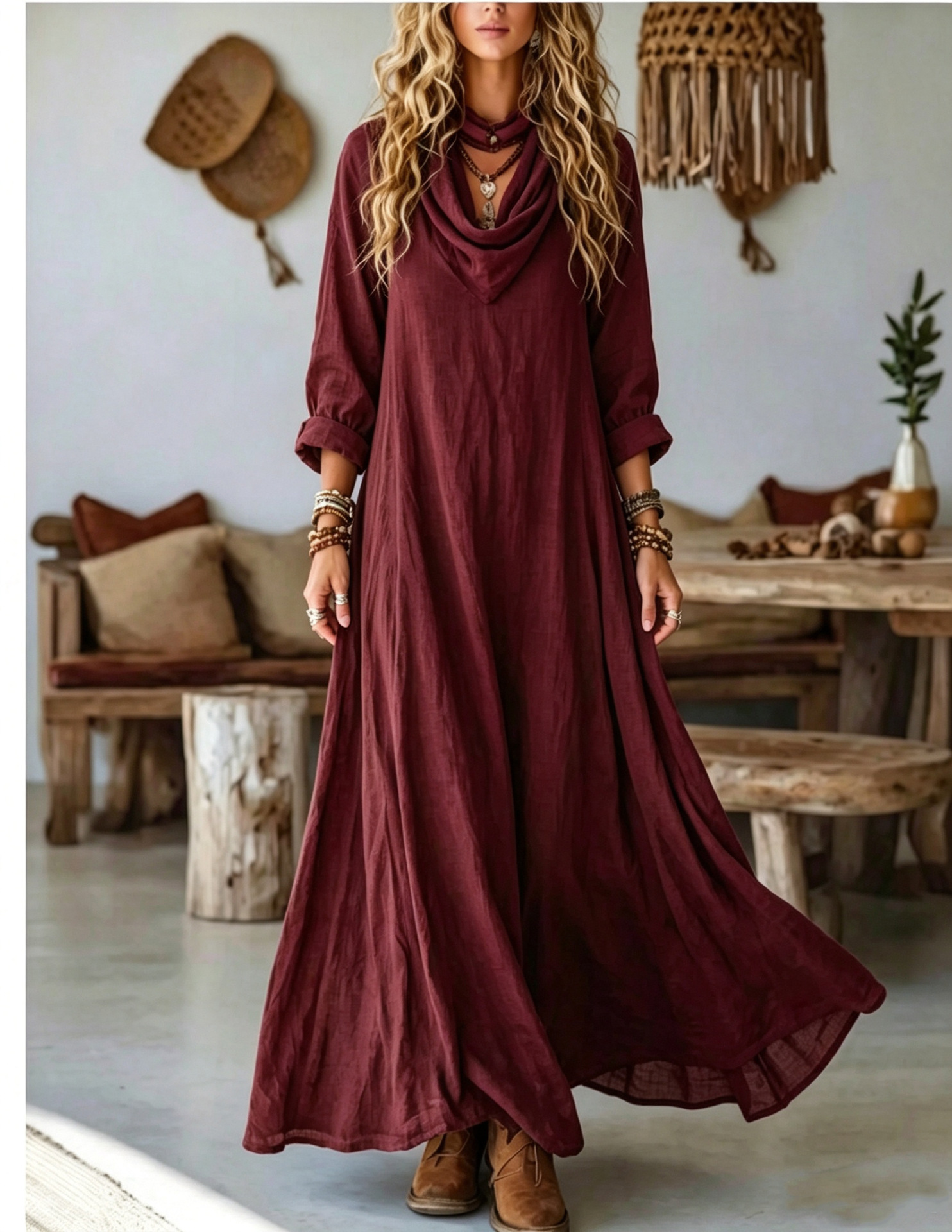 Women's Elegant Bohemian Textured Solid Color Long Sleeve Cowl Neck Wide Hem Maxi Dress