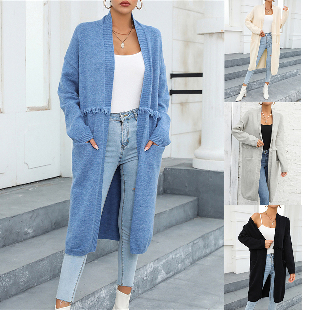 Women's Plus Size Long Fringe Cardigan Sweater with Pockets