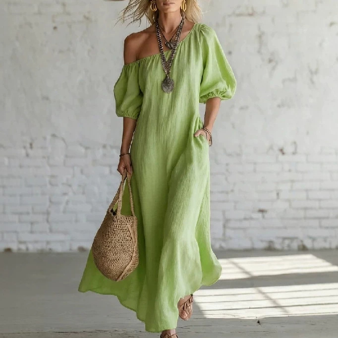 Off-Shoulder Cloud Cotton Puff Sleeve Loose Flowy Maxi Dress