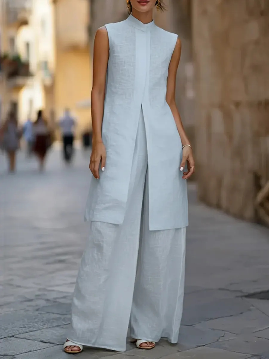 Women's Sleeveless Cotton-Blend Shirt and Wide-Leg Pants Set