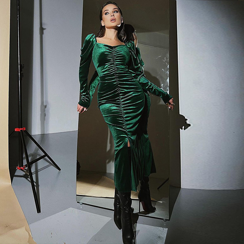 Women's Pleated Slim Fit Long Sleeve Split Midi Dress