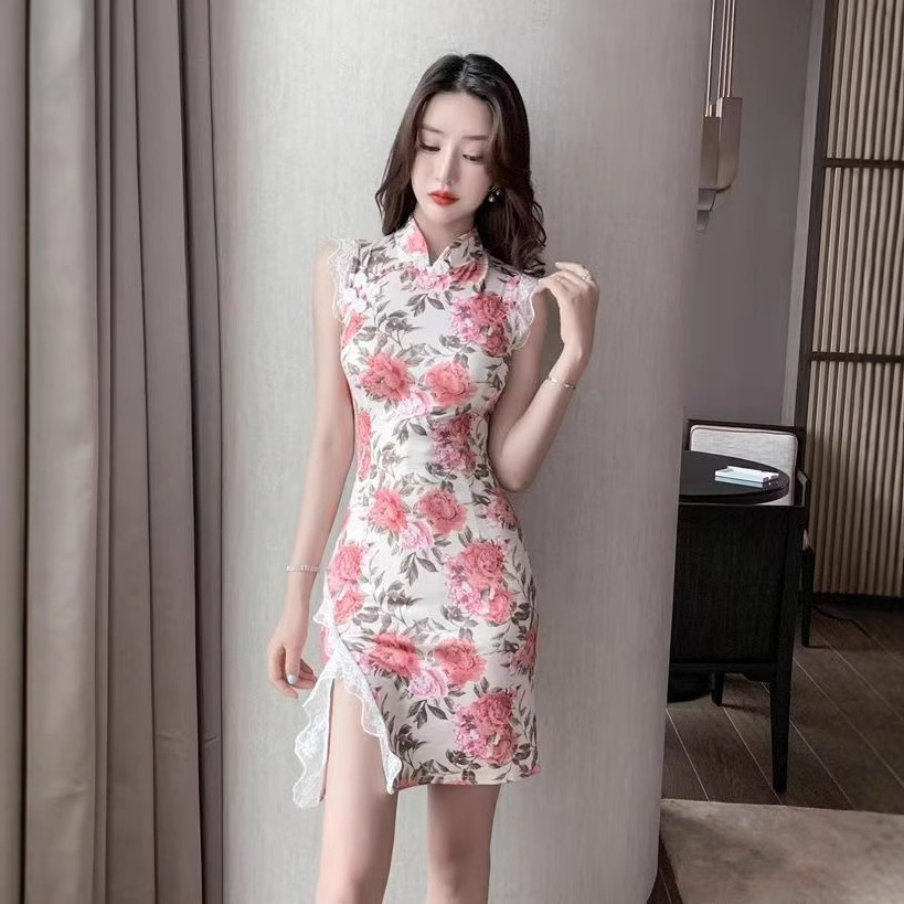 Chinese-Style Floral Print Cheongsam Dress with Waist and Slit