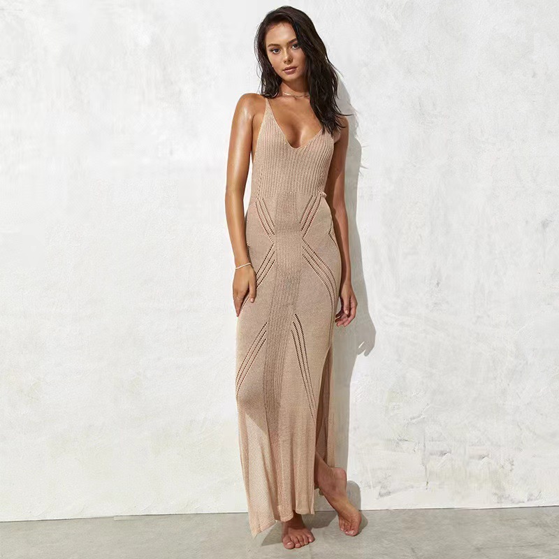 Women's Sleeveless V-Neck Knit Maxi Beach Dress with Crisscross Straps