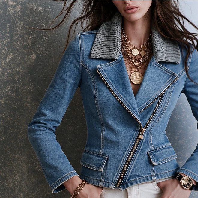 Solid Color Moto Denim Jacket