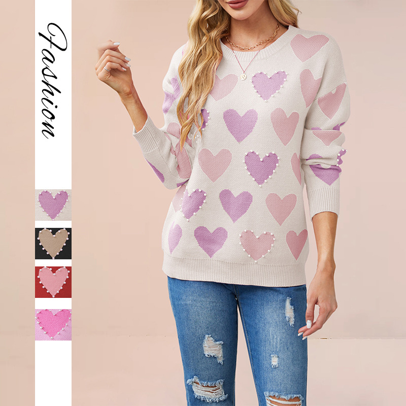 Beaded Heart Crewneck Knit Sweater for Women