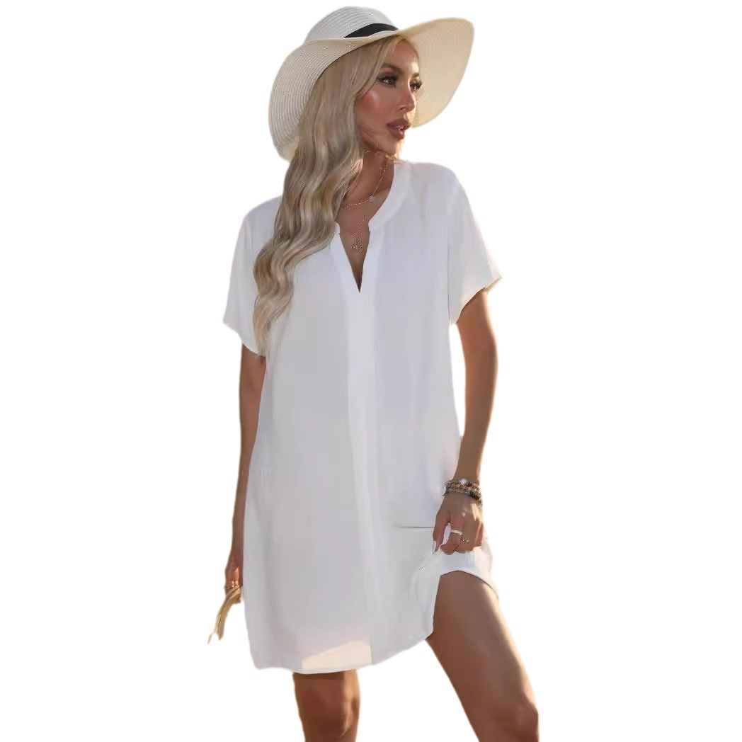 Women's Summer V-Neck Shirt Dress Casual Beach Midi Dress