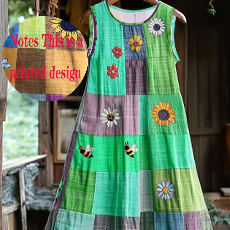 Women's Vintage Floral Plaid Sleeveless Midi Dress