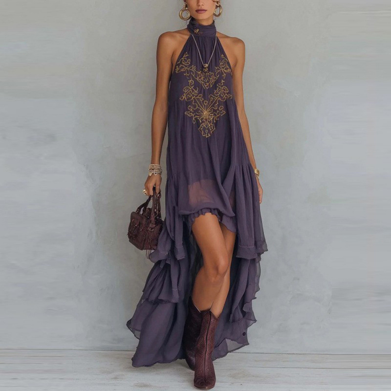 Purple High Neck Sleeveless Ruffled Maxi Dress
