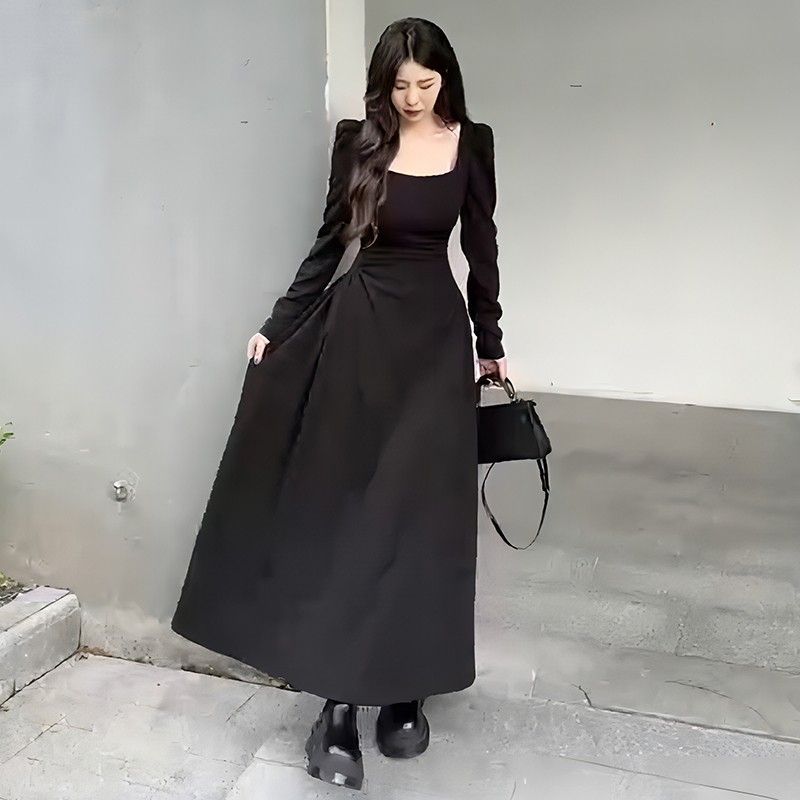 White Long Sleeve A-Line Midi Dress with U-Neck and Cinched Waist