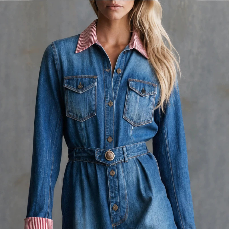 Retro Striped Collar Blue Button Denim Jumpsuit