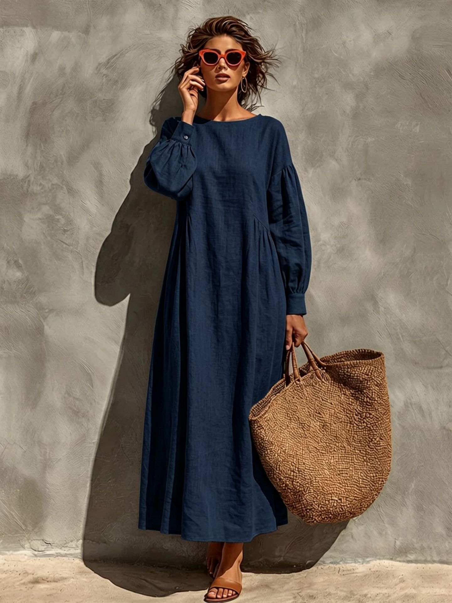 Women's Solid Color Lantern Sleeve Ruched Loose A-Line Midi Dress
