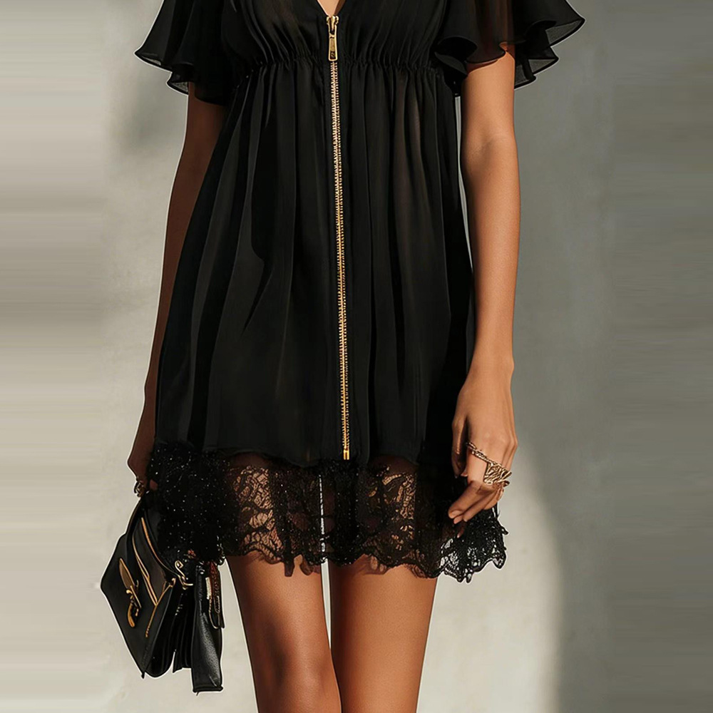 Women's Solid V-Neck Zip Lace Panel Dress